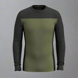 Long-sleeve shirt with black and green color block design on a grey background