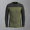 Long-sleeve shirt with black and green color block design on a grey background
