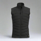 Black quilted vest on a grey background