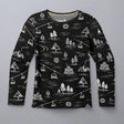 Smartwool thermal merino crew kids Black long-sleeve shirt with white graphic patterns on a white background