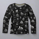 Smartwool thermal merino crew kids Black long-sleeve shirt with white graphic patterns on a white background