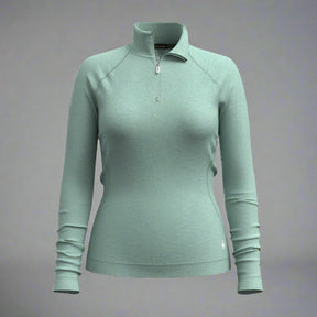 Light green long-sleeve pullover with a quarter zip on a grey background