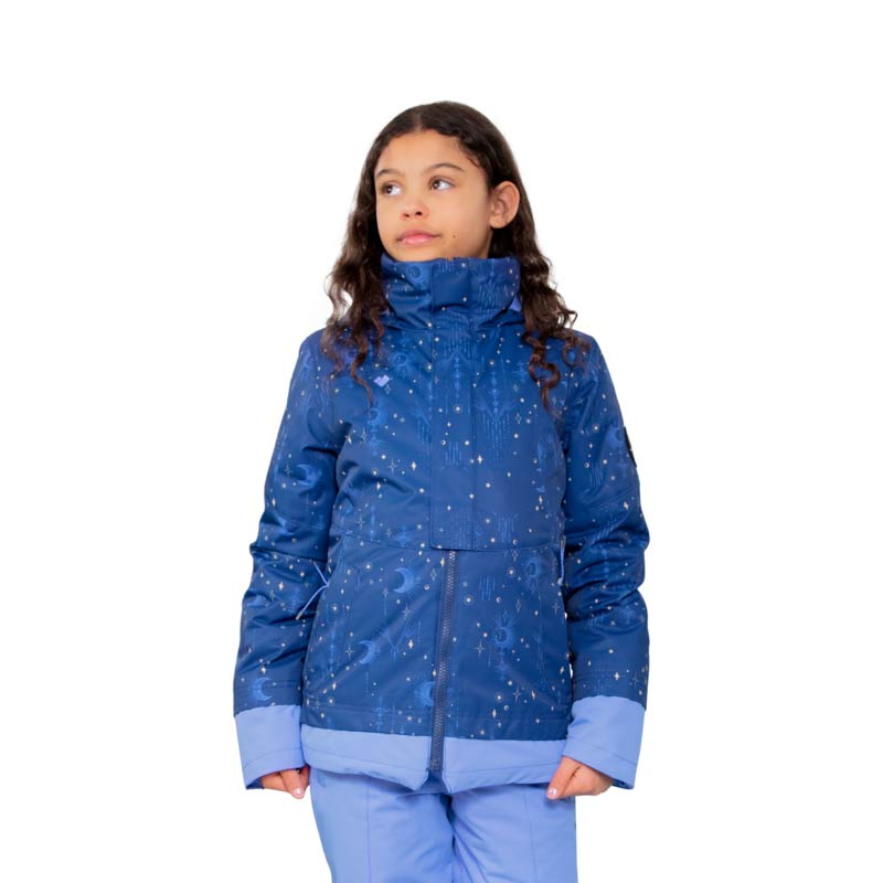 Obermeyer Taja Print big girls' ski jacket in My Moon & Stars print- Model front view